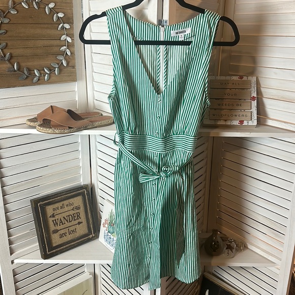BB Dakota Dresses & Skirts - BB Dakota Green and White Striped V Neck Dress With Belt